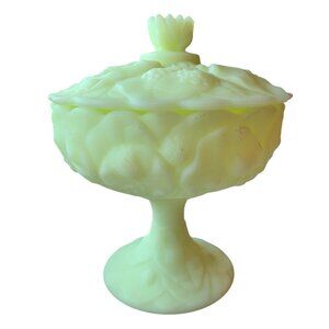 Fenton Lidded Uranium Glass Compote Dish With Water Lily  Motif